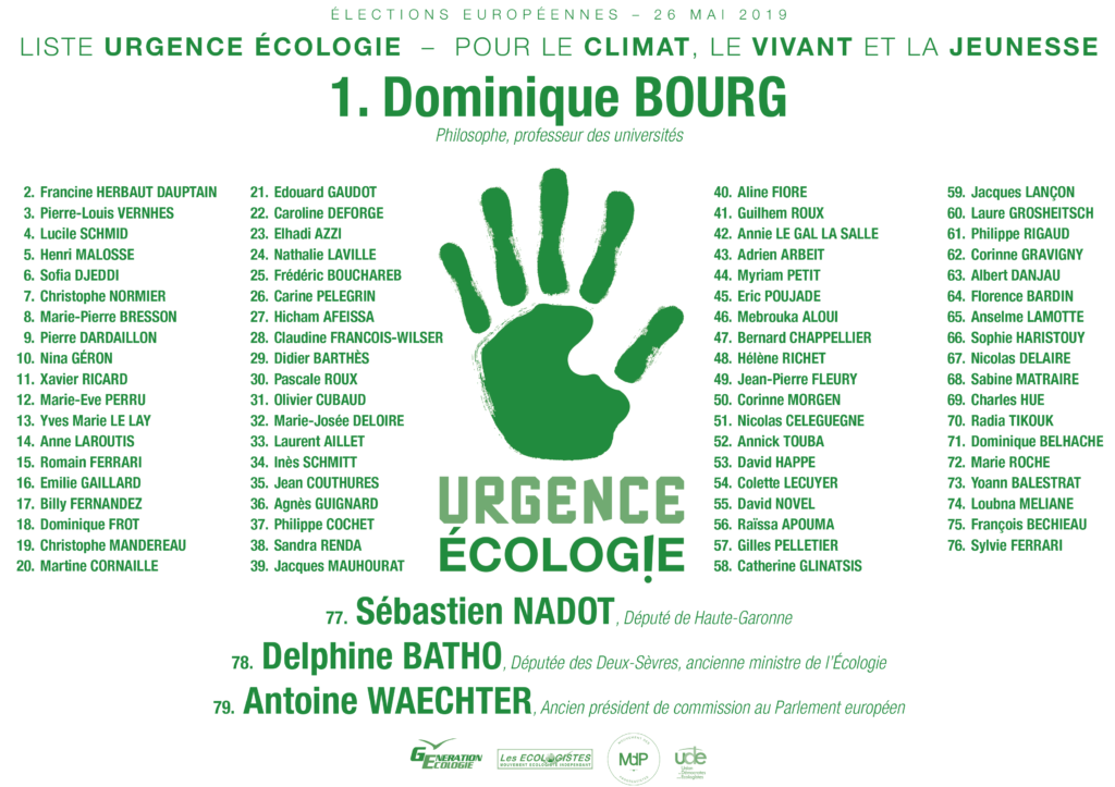 Bulletin de vote de la liste Urgence écologie, élections européennes 2019